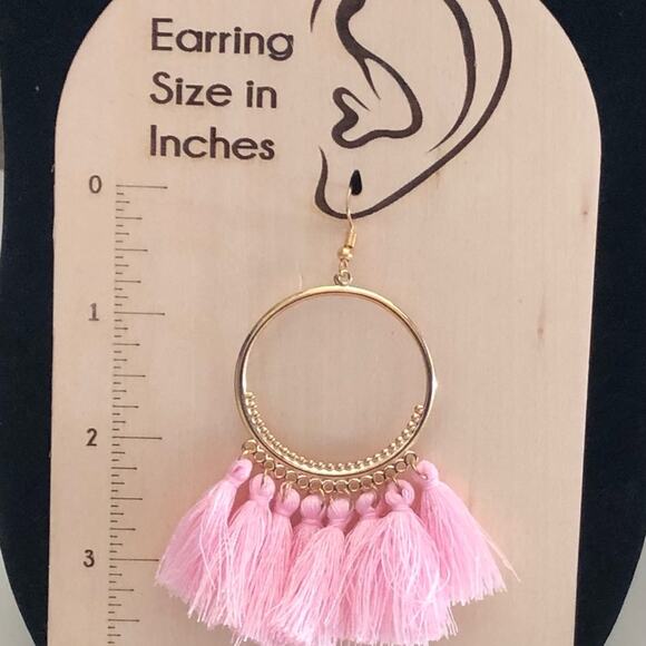 Boho Chic Hippie NWOT Light Pink Tassel Gold Tone Metal Hoop Earrings - Picture 9 of 10